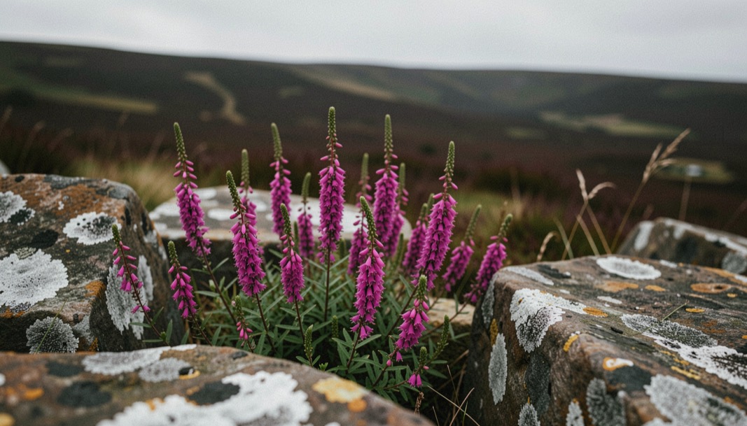 Deep magenta bell heather flowering among weathered gritstone blocks in July, individual flower spikes sharp in the near foreground, dark moor falling away behind, soft overcast light, close low framing