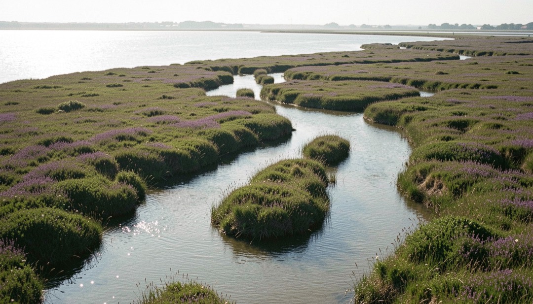 A branching network of saltmarsh creeks near Morston in Norfolk seen from slightly above, bright water filling the channels on a rising tide, green and purple marsh vegetation between them, low sunlight from the left, wide framing
