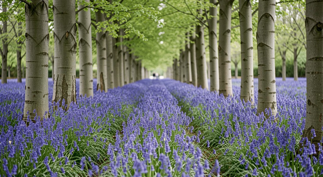 A dense carpet of bluebells running away between straight grey beech trunks under even overcast light, the blue reading as a solid mass, fresh green leaves above, compressed perspective from a long lens, horizontal framing