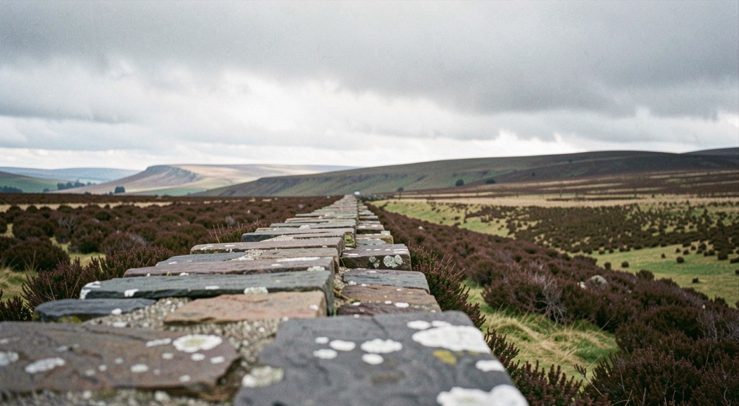 A long gritstone edge running away across a Derbyshire moor under low cloud, weathered blocks along the rim, heather and bracken below, cold light from the left, wide horizontal framing