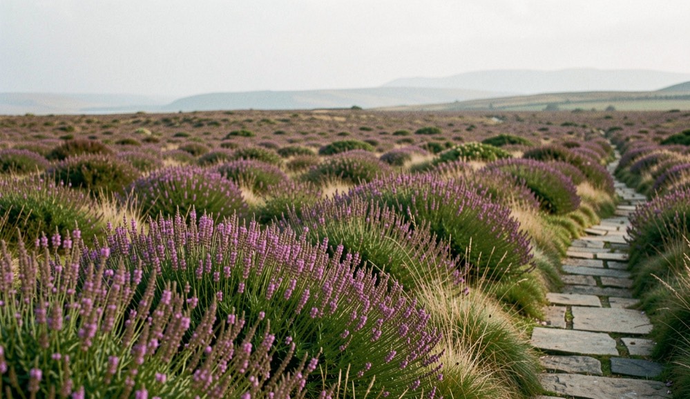 Heather in full flower across the North York Moors, banded purple and green where the burning rotation shows, a stone track running away to the right, hazy afternoon light, wide framing