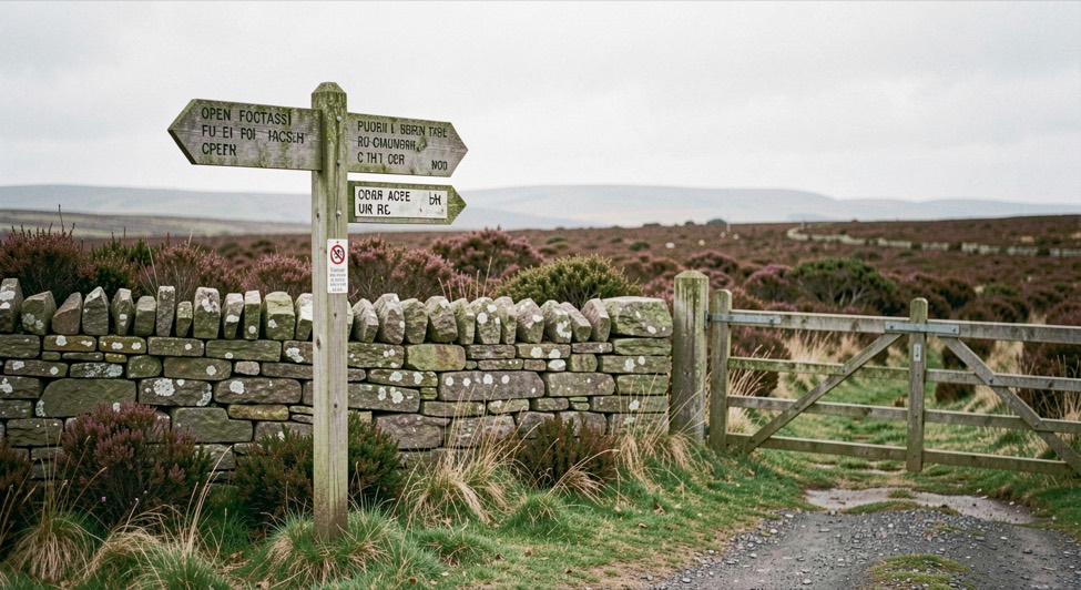 A wooden public footpath signpost and an open access marker on the edge of British moorland, a stone wall and a gate beside it, heather and rough grass beyond, flat grey light, wide framing