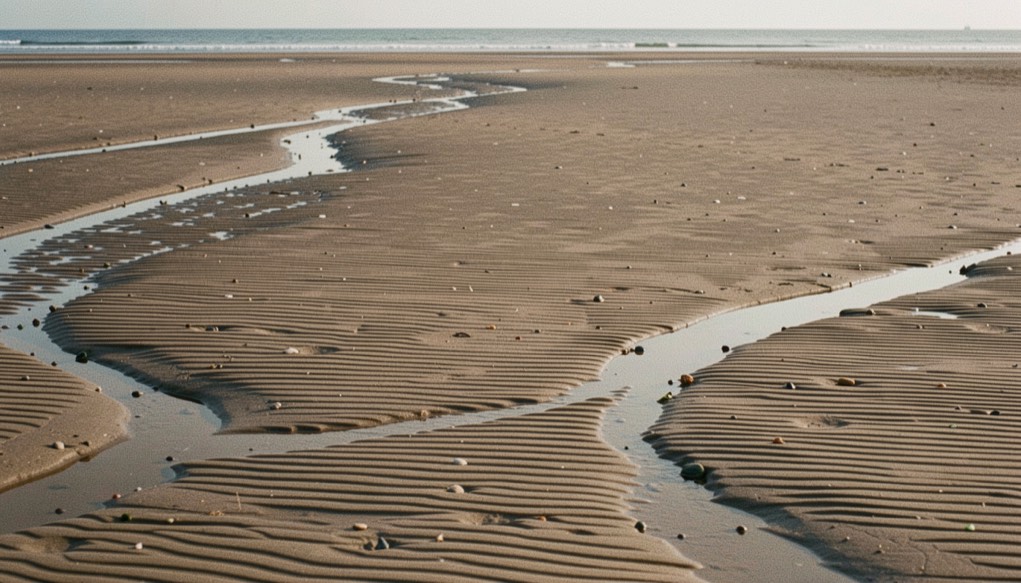 A wide expanse of rippled wet sand uncovered by a falling tide, shallow draining channels catching low light, the sea a thin line in the distance, wide horizontal framing
