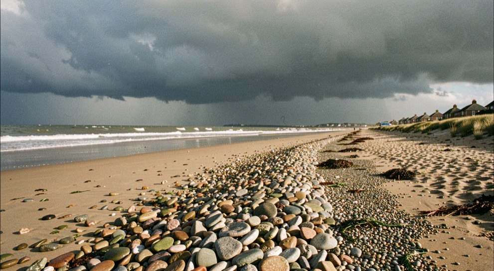 A long shingle beach at Shingle Street in Suffolk under a clearing storm, wet stones catching hard low sunlight, dark cloud filling the upper half, wide horizontal framing