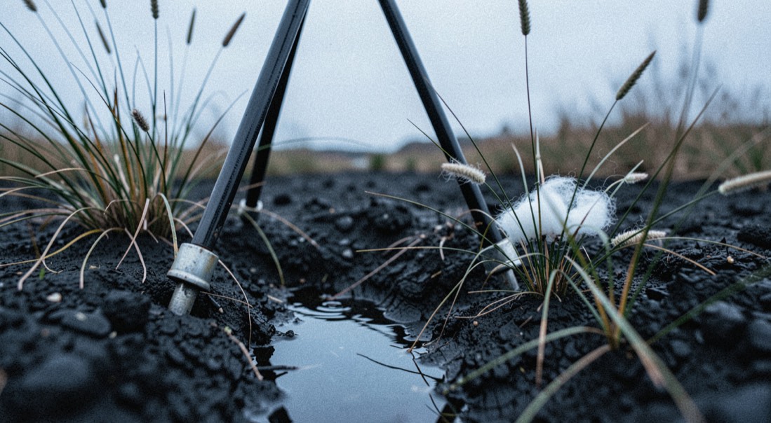 A tripod foot pressed into soft black peat beside a tuft of cotton grass, water pooling around the spike, cold blue overcast light, very close low viewpoint