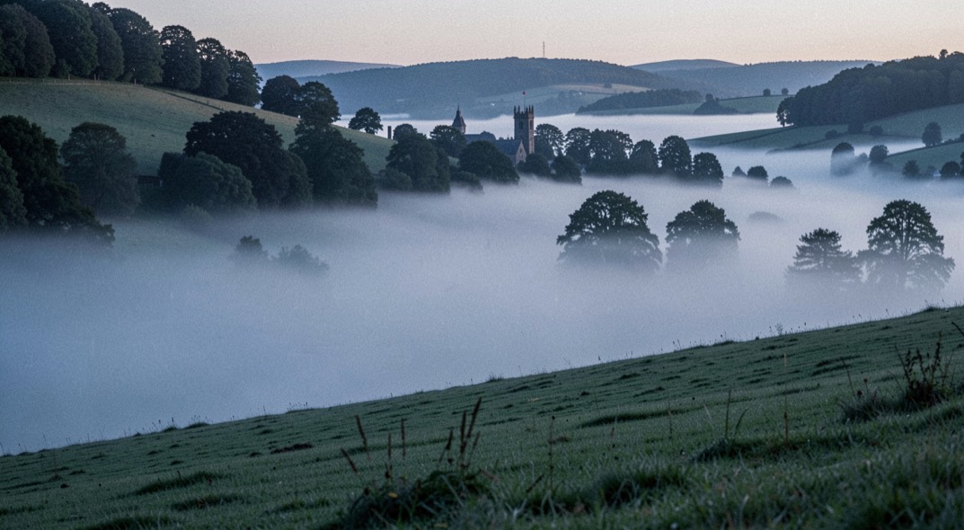Fog lying along the floor of a Derbyshire valley at first light seen from a hillside, the fog top level with a wooded ridge, a church tower and a line of trees just breaking through, cold blue light before sunrise, wide framing