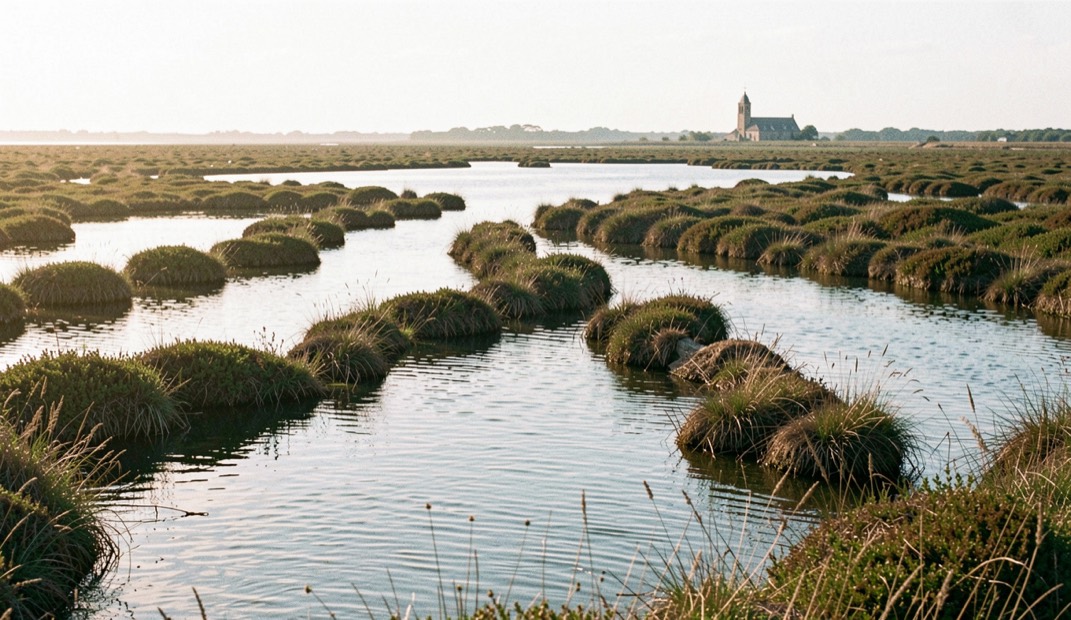 A branching network of saltmarsh creeks filling with bright water on a rising tide, marsh vegetation between the channels, a church tower on the low horizon, warm low light from the left, wide framing