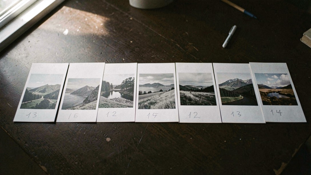 A row of small monochrome landscape prints laid edge to edge on a dark table, each with a pencil number written below it, raking window light from the left, overhead framing