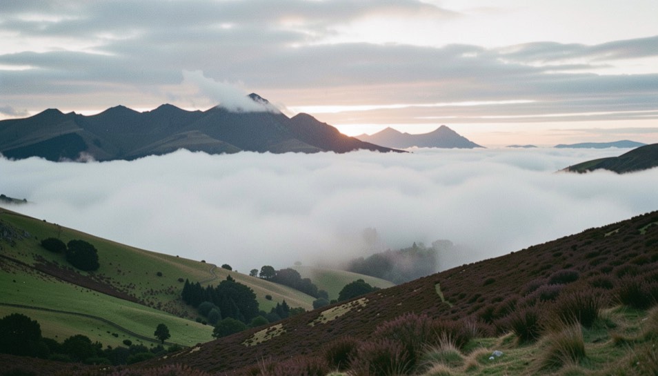 A sheet of white cloud lying in a British valley below a heather covered ridge, dark summits standing clear above the cloud top, cold light just after sunrise, wide horizontal framing